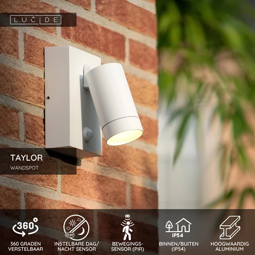 Lucide TAYLOR - Wandspot / Wandlamp Binnen/Buiten - 1xGU10 - IP54 - Bewegingssensor - Wit - USP